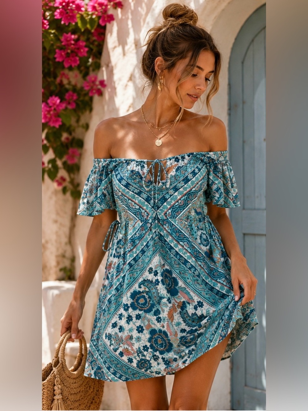 Arnhem Azalea Off Shoulder Mini Dress Aqua Boho Flutter Sleeve US 8